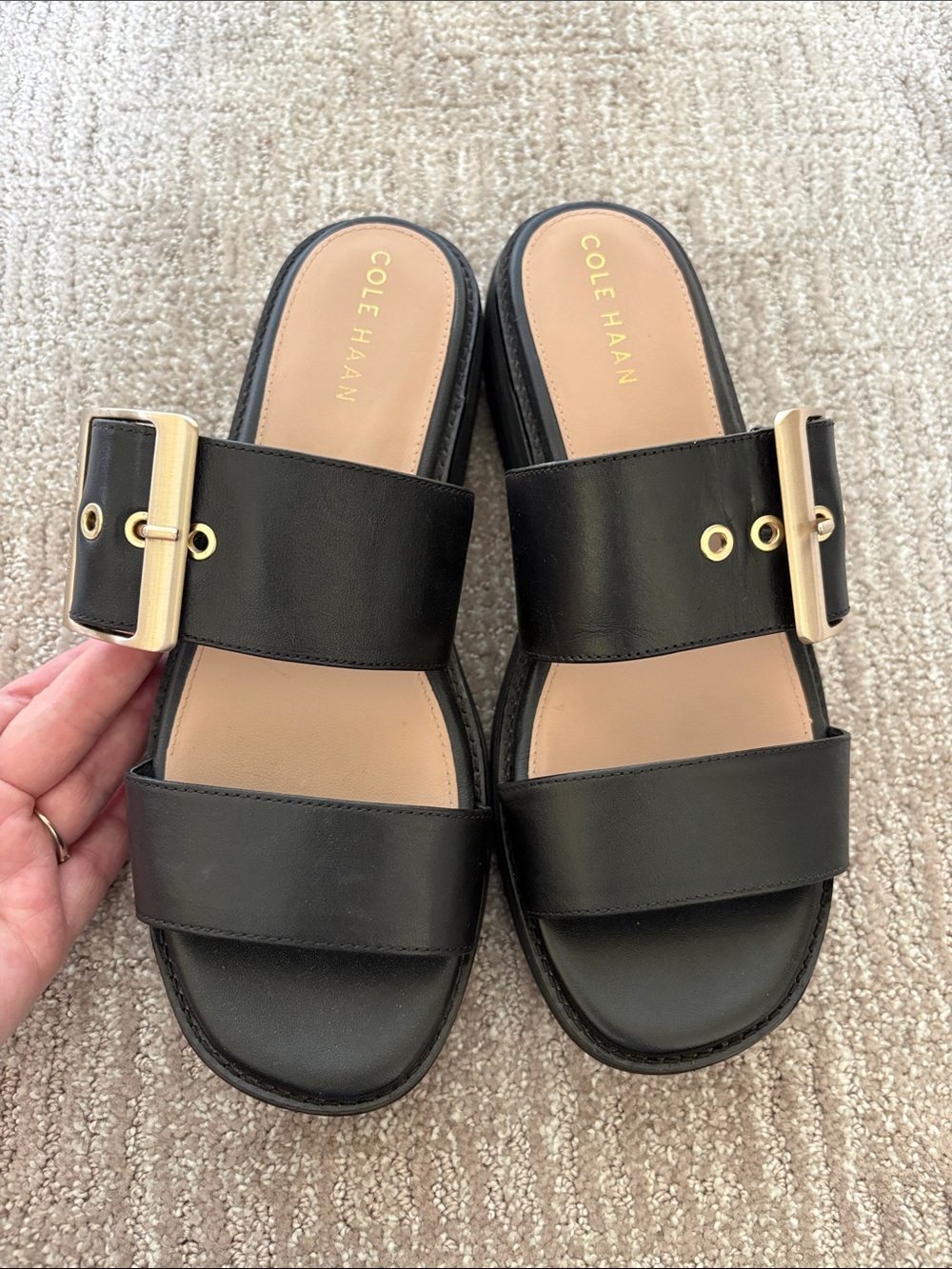 Cole Haan Black Leather Slide Sandals with Gold Buckle Accent